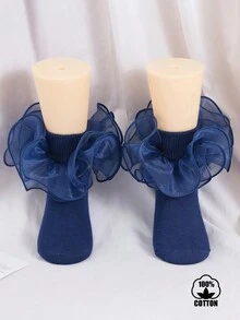 1 Pair Pure Cotton Children's Small & Medium Kids Solid Color Lace Ruffle Dance Short Socks - Navy Blue - View 10