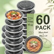 60 Sets Of Round Takeout Food Boxes, Leak-Proof Lunch Boxes With Lids, 28oz Capacity, Suitable For Holding Noodles, Salads, Soups, Heat-Resistant, Microwave Oven And Dishwasher Compatible, Ideal For Restaurants, Picnics And Parties. - Black - View 2