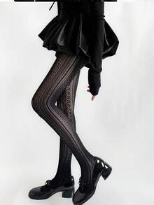 STAR RIVER Autumn/Winter White Sweet Lolita Vertical Stripe Lace Tights, Vintage JK Hollow Out Mesh Stockings - Multicolor - View 10