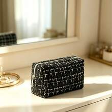 1pc Large Capacity Plaid Handheld Woven Makeup Bag, Large Capacity Portable Toiletry Storage Bag, Makeup Box, Travel Bag - Multicolor - View 2