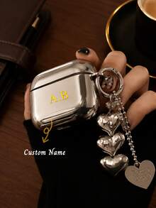 Customized Name Letter Earphone Protective Case (With Heart Pendant) - Silver Electroplated Heart Pendant Earphone Protective Case Suitable For AirPods 4th Generation, Pro, New 2nd/3rd Generation, Soft Protective Shell Compatible With Apple Earphones, Electroplated Earphone Protective Case, Accessories, Heart-Shaped Earphone Protective Case, Minimalist Heart - Silver - View 2