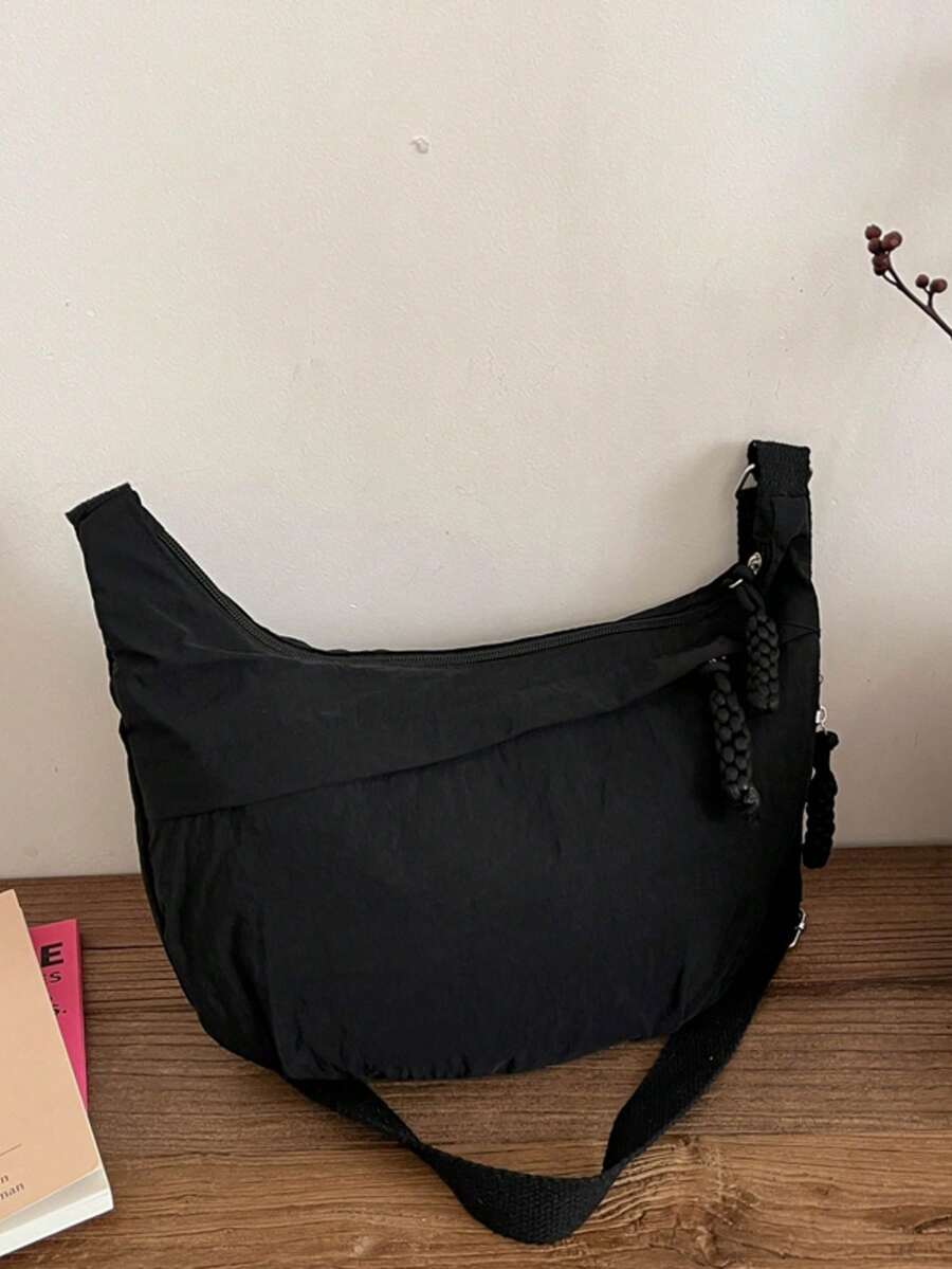時尚豹紋霧面單肩包 休閒極簡學院風 寬肩帶斜挎包 多拉鍊設計 適合學生上課、購物與日常使用 - 黑色 - 查看 1