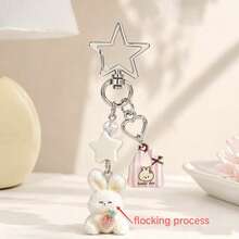 1pc Unisex Cartoon Flocked Rabbit & Bear Keychain, Cute Heart Mushroom Pendant Accessory Bag Charm - Multicolor - View 3