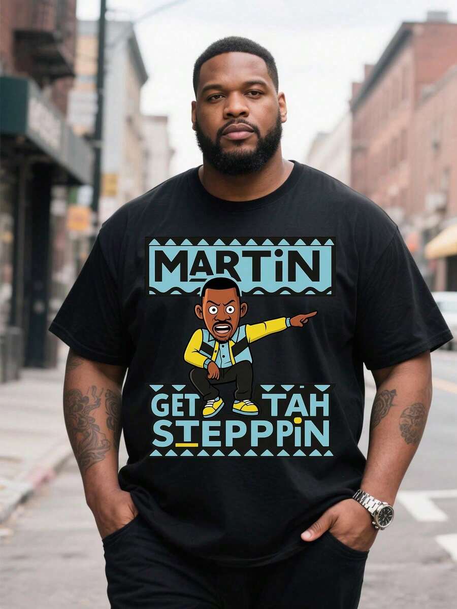Camisetas de talla grande para hombre, camiseta negra con gráfico divertido amarillo y azul, camiseta de algodón puro suave y holgada de 220g con estampado de patrón casual - Negro - Ver 1