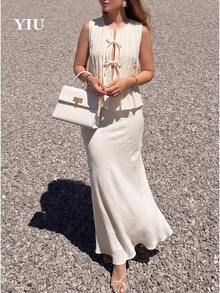 Conjunto de vestido de 2 piezas sin tirantes y sin espalda para mujer YIU, atuendo casual elegante sin elasticidad, incluye top plisado y falda larga - Beis - Ver 3