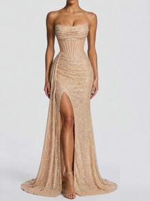 Fashionable Sexy Backless Strapless Sequin High Waist Ruched Tie-Up Back High Slit Fitted Maxi Dress Champagne Summer Evening Gown - Champagne - View 7
