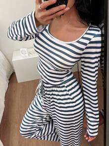 2pcs/Set Women's Slim Fit Sexy Loungewear Set, Large Scoop Neck Top And Wide Leg Pants, Comfortable Home Wear Suitable For Outdoor - Blue and White - View 2