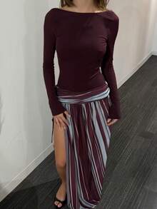Elegant Women's Long Sleeve Knit Off-Shoulder Maxi Dress, Slit Striped Hem, Slim Fit Waist Design, Suitable For Autumn Casual Wear - Purple - View 5