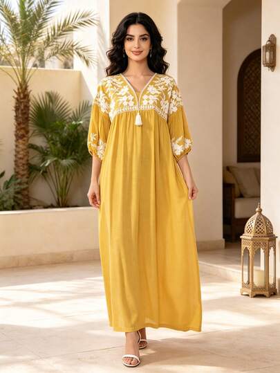 Heavy Embroidery Arabic Women's 2026 Summer/Autumn Ginger Color Elegant Dress, JALABIA Tassel Drop Shoulder Sleeve, Summer Casual Party Outfit
