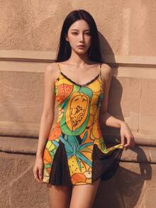 性感優雅女款彩色水果圖案細肩帶短洋裝，無袖V領設計，適合夏季休閒穿著 - 彩色 - 查看 3