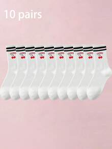 1/3/5 Pairs 3D Printed Cherry Pattern Mid-Calf Socks, Colorful Red Striped Ribbed Splicing Details, Soft And Skin-Friendly - Red - View 13