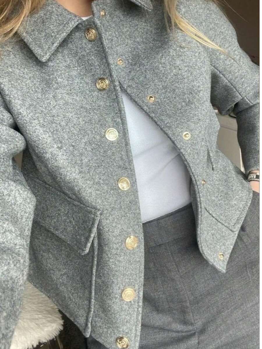 Vintage Grey Wool Blend Short Jacket, Lapel Collar Double Pocket Short Coat, Casual Outerwear For Autumn/Winter Fall - Ash - View 1