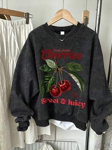 Vintage Sweet Girl Sweatshirt, Freshly Picked Cherry Letter Print On Chest, Soft & Warm Autumn/Winter Campus Top - Black - View 2