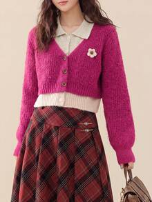 Women's Autumn/Winter Casual Minimalist Retro Fashionable 2 In 1 Knit Cardigan Jacket - Hot Pink - View 2
