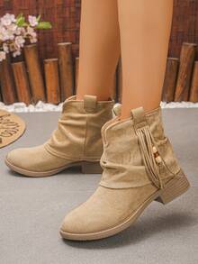 XfxfA Pair Of Fashionable Short Boots With Tassel, Bead, And Pleated Pile, Suitable For Commuting/Daily Travel. - Khaki - View 4