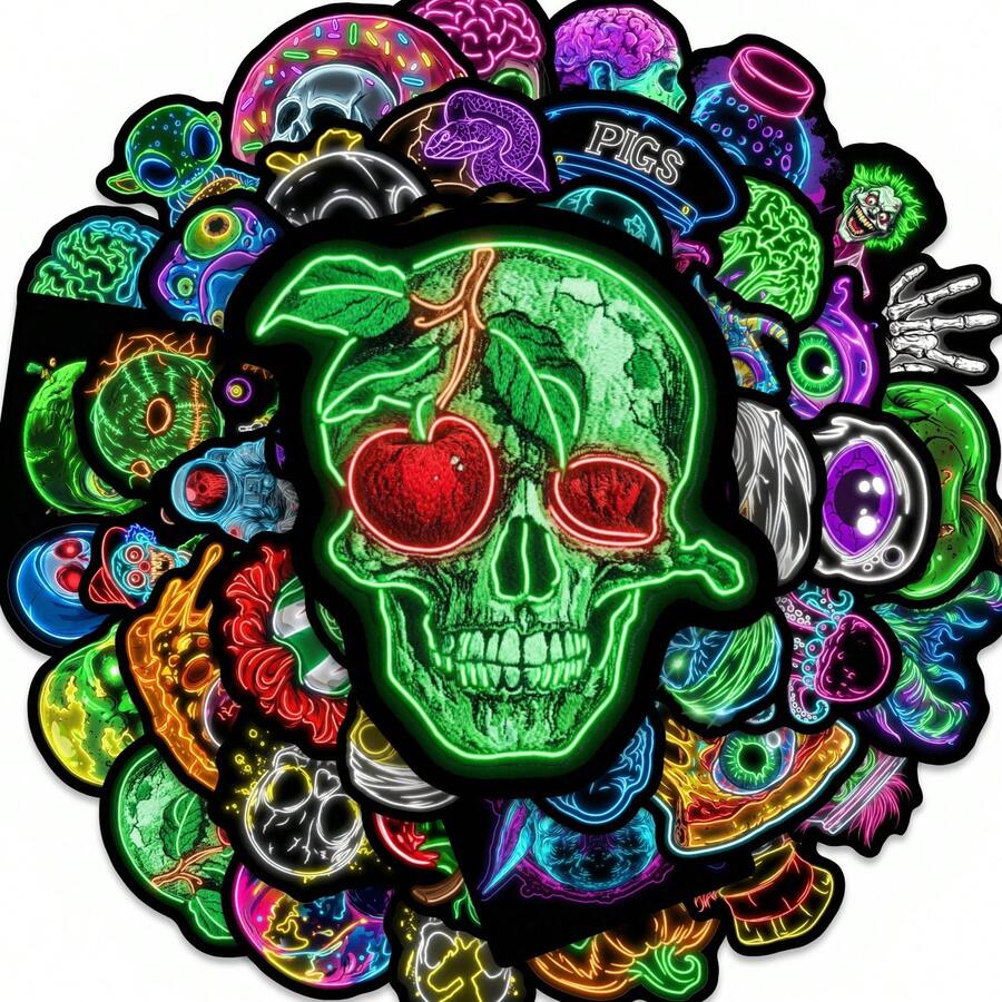 10pcs Halloween Funny Neon Skeleton Stickers Waterproof Decorative Stickers Creative Neon Light Decals - Multicolor - View 1