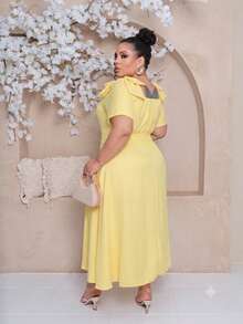 Women's Midi Plus Size Lined Dress With Square Neckline, Short Sleeves, Shoulder Bow, Padded Cups, And Elastic Back In Duna Linen - Elegant Party Dress - 黃色 - 查看 3