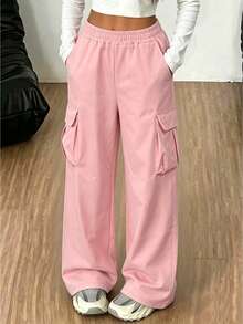 1pc Girls Casual Cargo Pants, Simple Loose Straight Leg Sports Trousers, Suitable For Daily Outdoor Wear - Pink - View 1