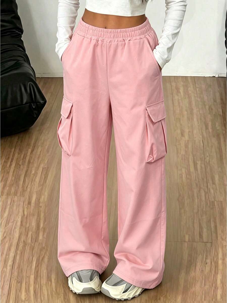 1pc Girls Casual Cargo Pants, Simple Loose Straight Leg Sports Trousers, Suitable For Daily Outdoor Wear - Pink - View 1