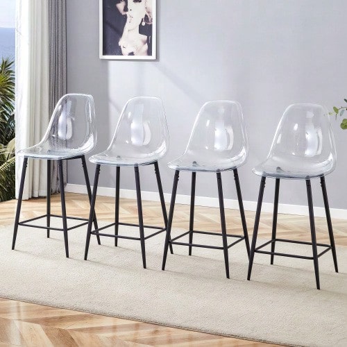 Transparent Bar Stool Set, 4-Piece, With Metal Frame In Silver/Gold/Black - Black - View 1