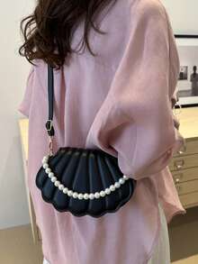 法式風格壓紋珍珠貝殼女款通勤包，新款時尚休閒單肩包，質感優雅腋下包 - 黑色 - 查看 7