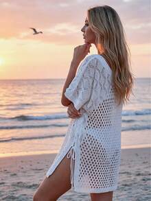 NZZOF Women's Knitted Hollow Out Beach Cover-Up, Batwing Sleeve Side Drawstring Split Semi-Sheer Dress White Vacation Summer - White - View 1