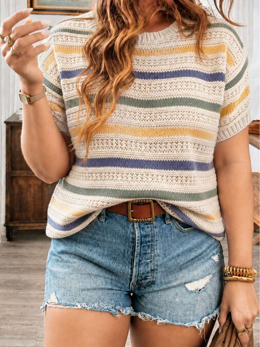 Women's Striped Contrast Color Hollow Out Beach Vacation, Suitable For Spring/Summer Casual Wear, Daily Commute - Apricot - View 1