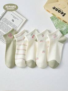 30/20/10/5雙女款可愛透氣櫻桃蝴蝶結條紋低筒隱形船襪，適合日常休閒穿著，適用春、夏及四季 - 彩色 - 查看 15