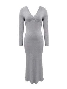 LovelyWholesale Women's Sexy Solid Color Wrap V-Neck Long Sleeve Maxi Dress, Autumn/Winter Casual Wear - Grey - View 4