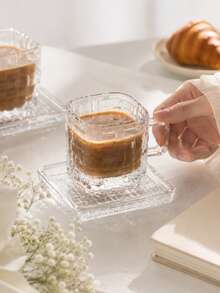 Square Textured Glass Coffee Cup & Saucer Set, Thick Transparent Espresso Cup With Handle, Woven Or Diamond Pattern, Dishwasher , Suitable For Coffee, Latte, Tea, Breakfast, Home & Office - Multicolor - View 5