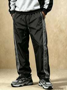 Men's Crinkle Texture Nylon Drawstring Waist Loose Fit Jogger Pants With Side Color Blocking And Topstitching Details, Casual Street Style For Daily Wear, Suitable For Spring/Summer - Light Grey - View 8