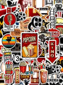 50Pcs Retro Cinema Decor Stickers, Hand-Drawn Illustrations Of Film Reel, Popcorn Bucket, Projector, Clapperboard And Vintage Theater Sign, For Journal, Water Bottle, Luggage, Retro Movie Theme Party DIY Decor - 7*6*1 - View 2