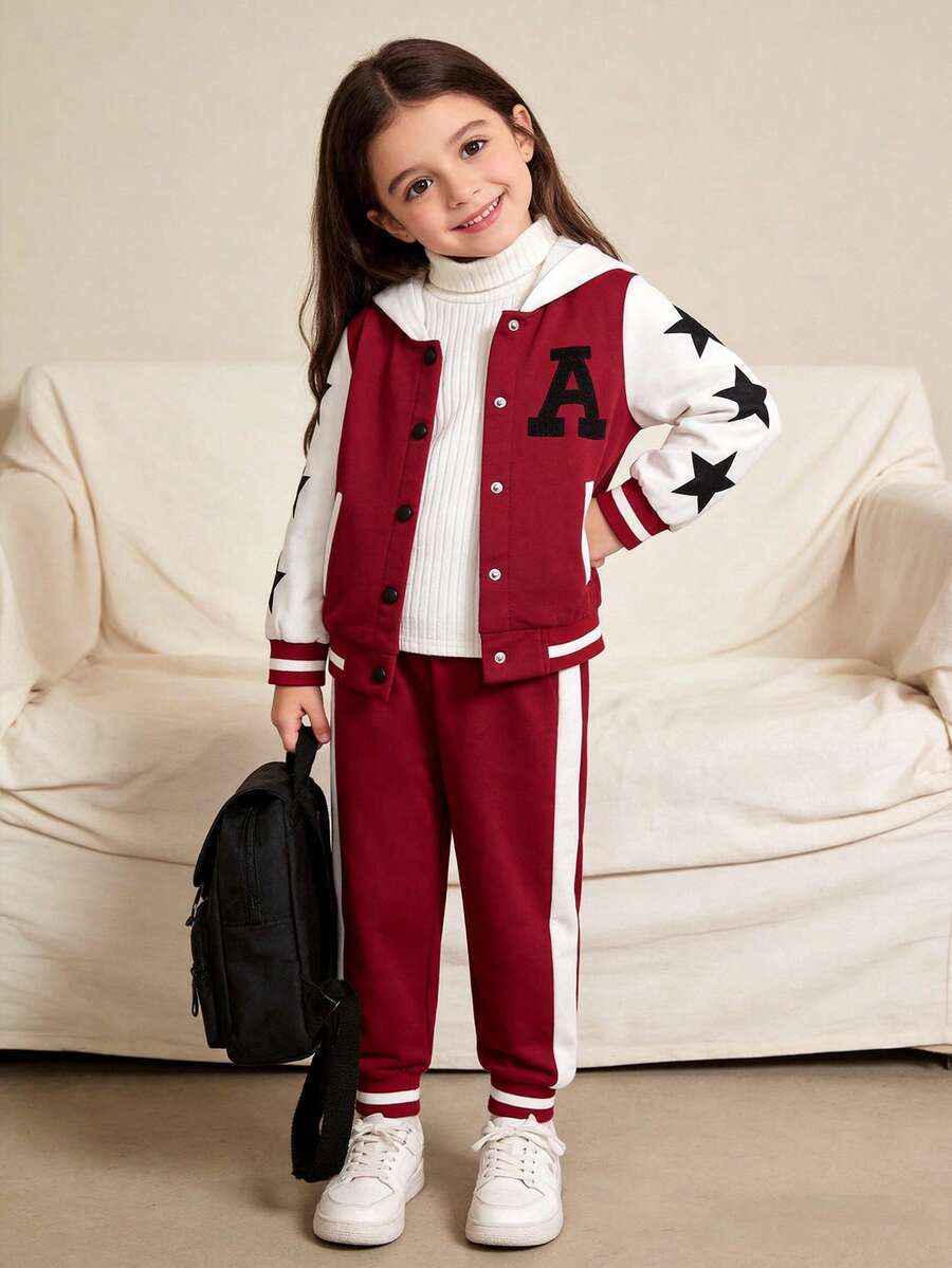 2pcs/Set Setelan Jaket dan Celana Panjang Lengan Panjang Kancing Depan Saku Palsu Gaya Kasual Kuliah untuk Anak Perempuan, Bahan Ringan Cocok untuk Musim Semi dan Gugur, Kembali ke Sekolah - Burgundy - View 1