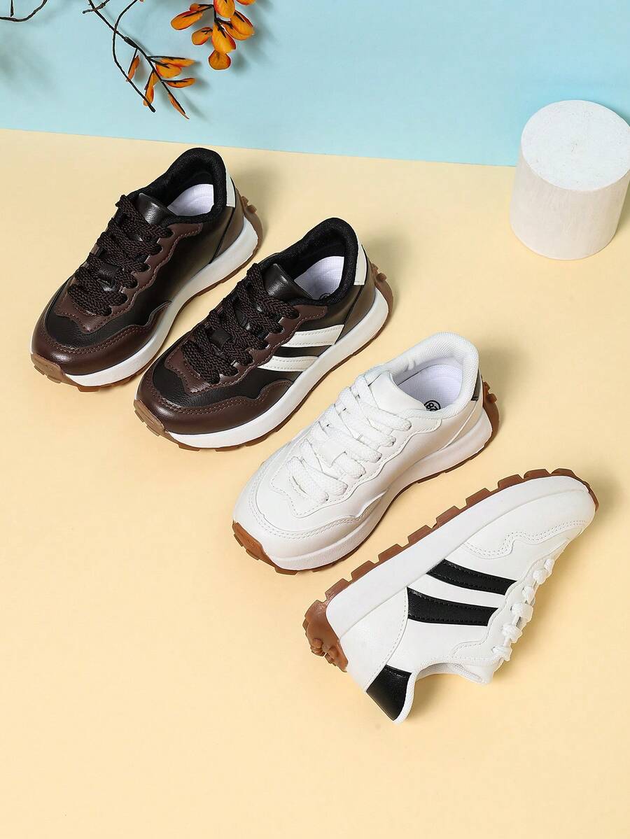 Children's Retro Colorblock Patchwork Sneakers, Three-Stripe Lace-Up Low-Top Casual Shoes, With Shock-Absorbing Rubber Sole, Suitable For Daily Sports Wear - Brown - View 1