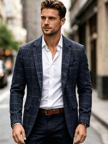 Blazer casual de negocios a cuadros retro para hombres, clásico para ir al trabajo - azul real - Ver 3