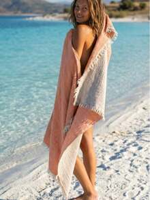 Colorful Tassel Beach Pareo – Large Lightweight Sarong, Fast Dry Towel For Sea, Pool, Yoga, Pilates – Multi-Purpose Cover Up 100x170cm - Apricot - View 2