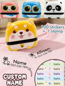 1pc Stamp + 100pcs Stickers, Customized Name Stamp, Customized Icon Text Label Stamp, Customizable Design For Clothing Books Supplies, Convenient For Home Office Travel Marking, Cute Gift For Birthday Family Friends, Self-Inking, Washable - Style a - View 1