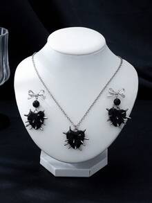 1 Set Fashion Punk Gothic Style Bow Knot Thorn Spike Heart Enamel Necklace & Earrings Set, Hot Girl Daily Party Matching Jewelry Set - Thorn Heart Bow Necklace and Earring Set - View 3