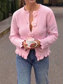 Cárdigan de punto rosa romántico con cuello redondo, decoración de botones con rosas 3D, mangas largas con volantes, estilo para brunch de vacaciones de otoño & paseo por la ciudad - Rosa - Ver 5
