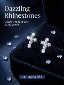 1 Pair New Full Rhinestone Cross Stud Earrings, Elegant Personalized Small Style, Suitable For Men And Women, Simple Versatile Rhinestone Ear Studs For Women - Silver - View 8