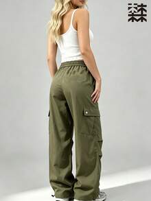 mulinsen Women's Button Flap Pocket Drawstring Elastic Waist Cargo Pants, Street Casual Functional Long Pants - Army Green - View 2