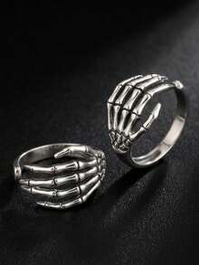 2pcs/Set Anting Jepit dan Cincin Bentuk Tangan Tengkorak Gaya Gotik untuk Wanita, Model Vintage Perak Punk Halloween, Bentuk Tengkorak, Cincin Terbuka yang Dapat Diatur, Jepit, dan Anting Lilit. - MultiWarna - View 4