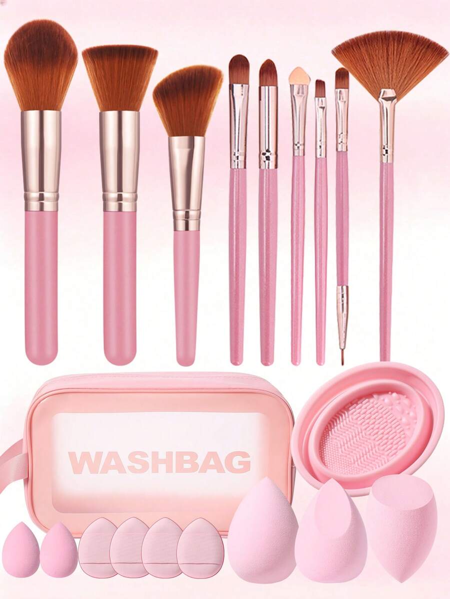 4/20Pcs Pink Makeup Tool Bundle With Transparent Wash Bag, 9 Face & Eye Makeup Brushes, Foldable Silicone Brush Cleaning Bowl, Mixed Size Teardrop Cosmetic Sponges, Versatile Washable Daily Facial Makeup Applicators - Pink - View 1