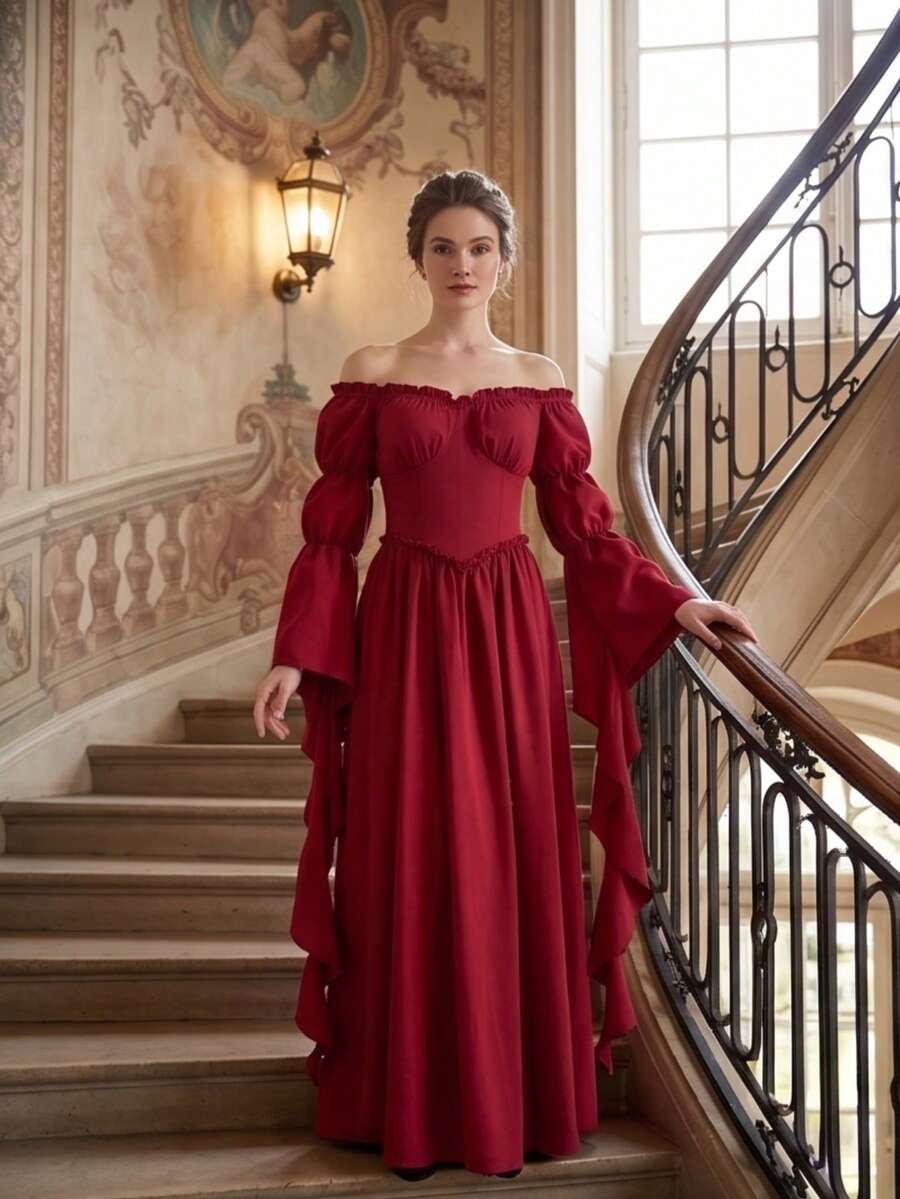 Vintage Medieval Court Style Women's European American Stage Performance Gentle Long Dress, Off-Shoulder Ruffle Bell Sleeve Dress - Red - View 1