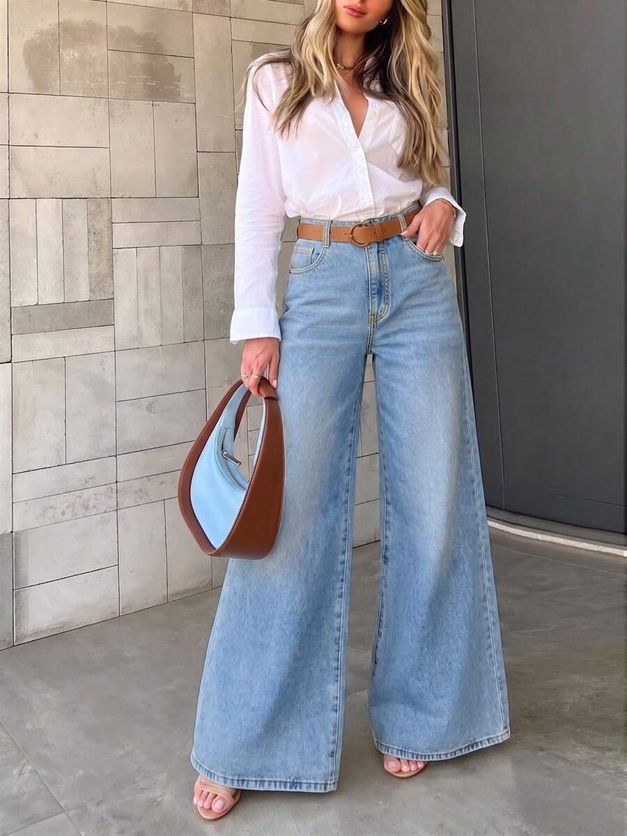 Women's Casual Versatile Denim Loose Wide Leg Pants With Pockets Fall