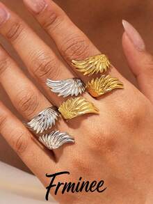 Frminee 3pcs/1pc Women's Stainless Steel Feather Wing Ring, 18K Gold/Silver Adjustable Open Statement Ring, Waterproof Bohemian Angel Wing Jewelry - Multicolor - View 1
