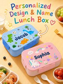 1 pieza Caja bento portátil de 3 compartimentos con nombre personalizado, caja de almuerzo personalizada, contenedor de almuerzo portátil con tenedor y cuchara incorporados, diseño de tapa abatible con triple cierre, apto para trabajo y viajes, preparación de comidas - Estampado multicolor - Ver 1