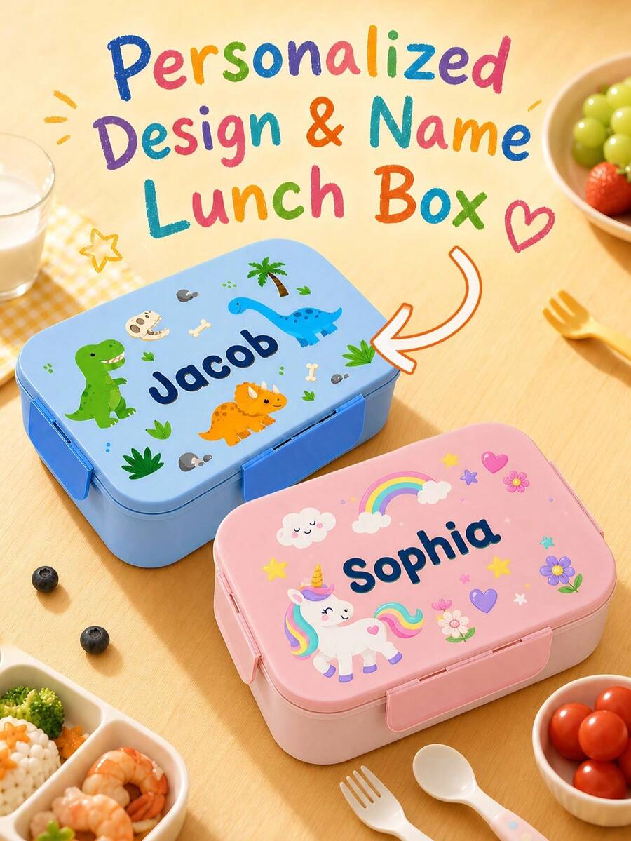 1 pieza Caja bento portátil de 3 compartimentos con nombre personalizado, caja de almuerzo personalizada, contenedor de almuerzo portátil con tenedor y cuchara incorporados, diseño de tapa abatible con triple cierre, apto para trabajo y viajes, preparación de comidas - Estampado multicolor - Ver 1