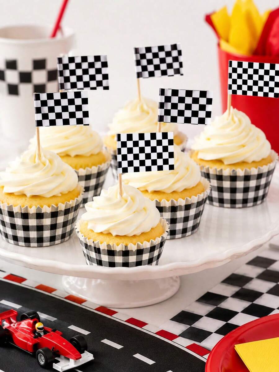 40pcs-Checkered Racing Flag Cupcake Toppers, Black And White Checkered Finish Line Cupcake Toppers Party, Checkered Racing Flag Toothpicks, Suitable For Racing Flag Theme Baptism Party Cup Decoration, Racing Birthday Party Decoration, Sports Theme Event Checkered Flag Decoration - Multicolor - View 1