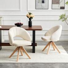 Set Of 2 Lightweight Luxury Swivel Chairs In Retro Style. White Textured Fabric With Solid Wood Legs - White - View 5